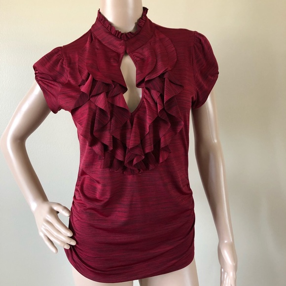 HeartSoul Tops - HeartSoul Red Ruffle Slinky Ruched  V Neck Shirt
